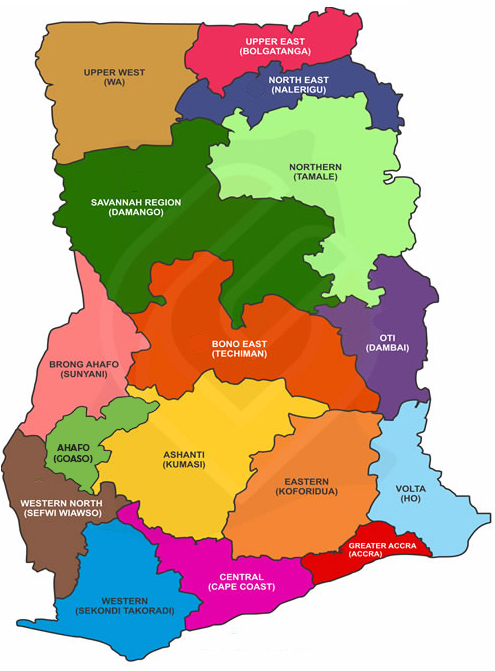 Map of Ghana showing regions and topography